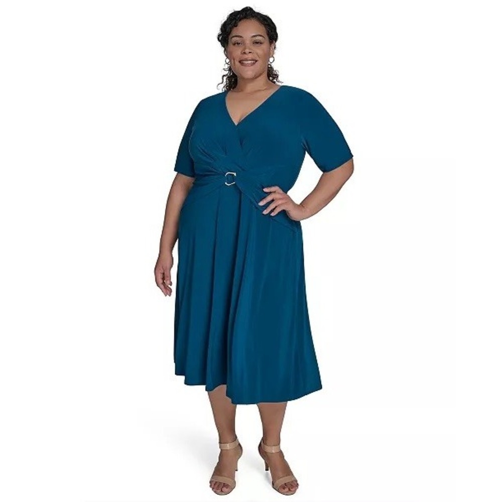 Jessica Howard V-Neck Dress Women Plus Size 20W Gold Ring Accent NWT Jersey Midi
